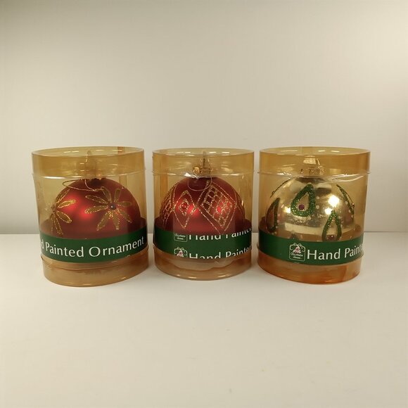 3 Christmas House Hand Painted Holiday Ball Ornaments w/ Glitter: 2 Red & 1 Gold - Picture 1 of 6